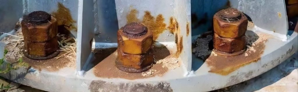 Poutre métallique légèrement rouillée dans un bâtiment ancien, montrant une corrosion superficielle en milieu sec.