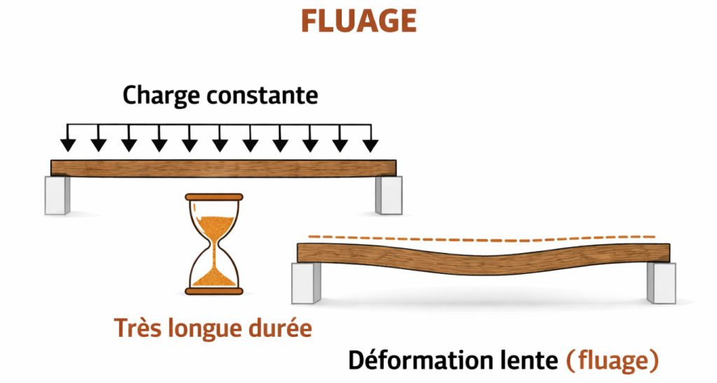 Schéma pédagogique illustrant le fluage d’une poutre en bois sous charge constante, montrant la déformation lente et progressive