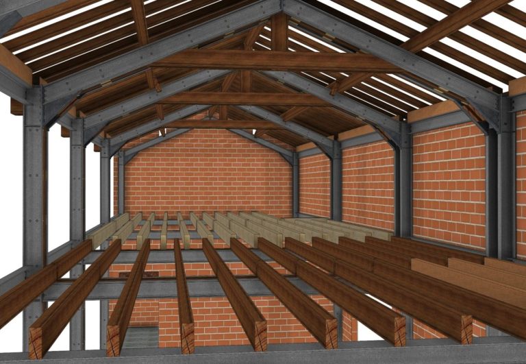 Structure renforcée par portiques métalliques et plancher bois