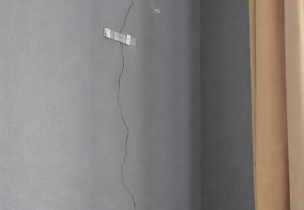 Fissure verticale sur un mur intérieur proche d’un angle avec témoins de fissuration permettant de suivre l’évolution des mouvements