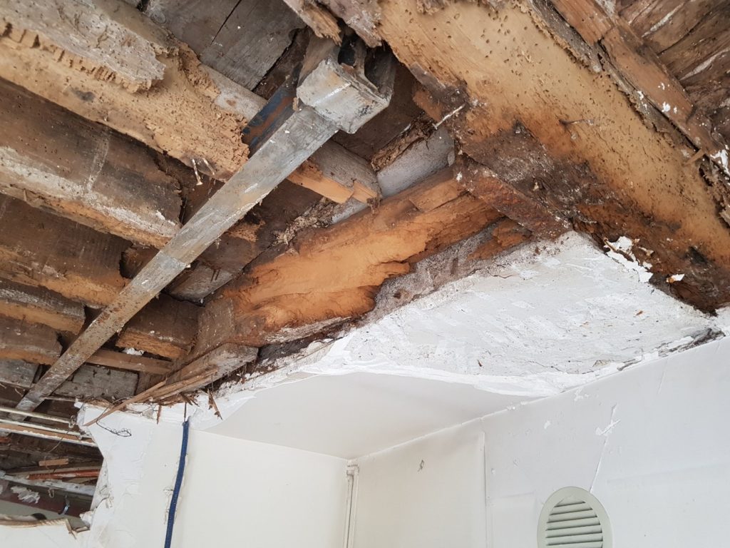 POUTRES DÉGRADÉES EN PLANCHER HAUT D’UNE SALLE DE BAIN