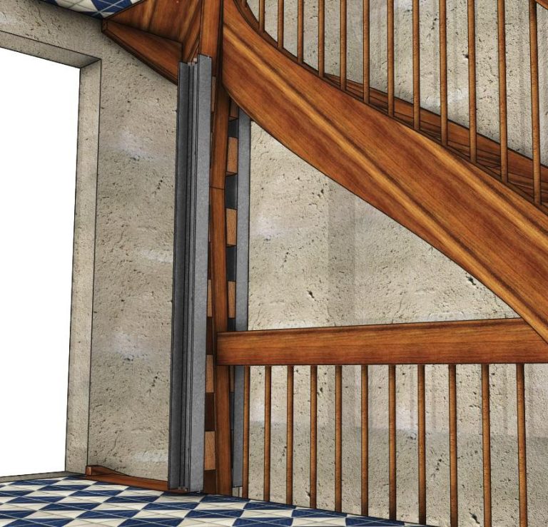 Reprise d’un poteau d’escalier fortement flambé, au droit de sa connexion en mi-bois