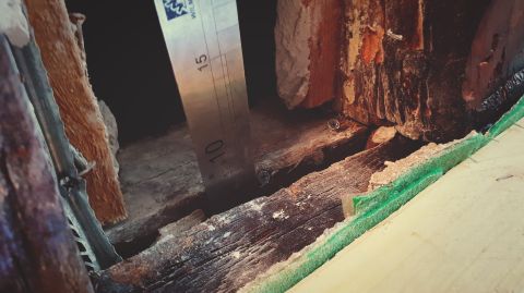 forte gerce continue sur un chevêtre en œuvre et en bon état sanitaire le long de la ligne des mortaises.