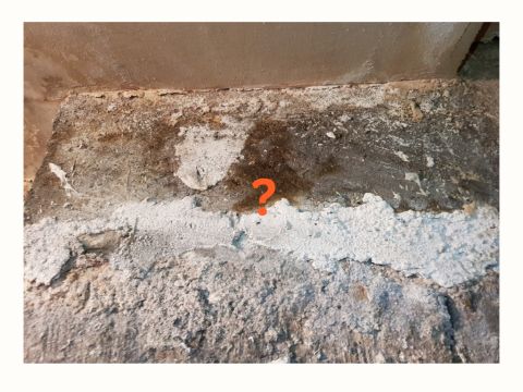 Mur intérieur dégradé avec zones blanchâtres et irrégulières, présentant un aspect granuleux et compact correspondant à du plâtre ou des rebouchages.
