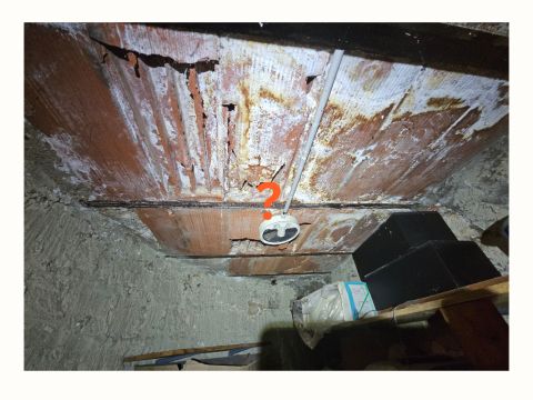 Sous-face d’un plancher en briques dans une cave humide, avec dépôts blanchâtres diffus et traces d’humidité caractéristiques du salpêtre.