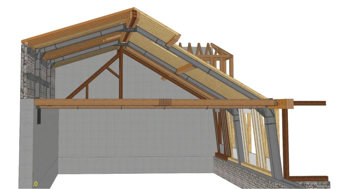 Perspective d'une charpente où les fermes sont reprises en métal jusqu'au brisis