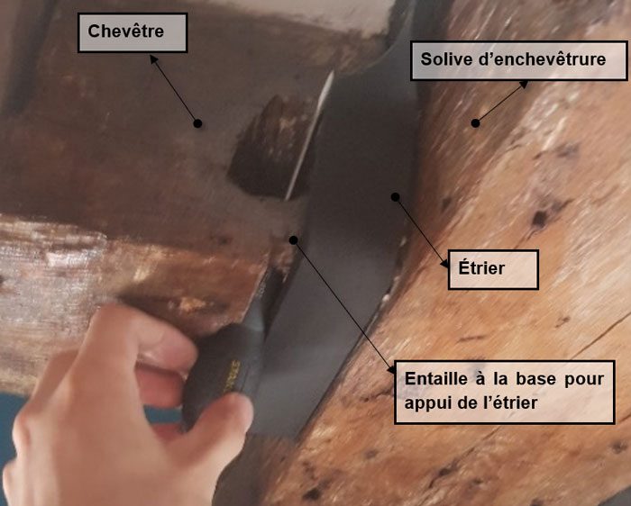 Entaille à la base du chevêtre pour pose de l'étrier