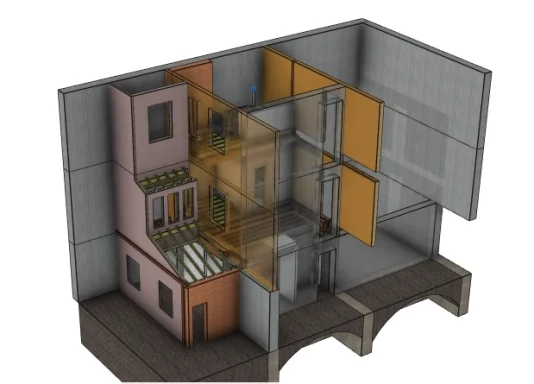 Perspective d’une confortation d'une trémie d'escalier sur 2 étages et des planchers adjacents