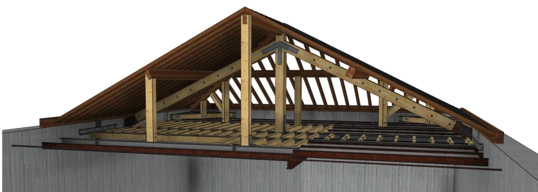 Perspective d'une charpente ou l'arêtier et le plancher de comble sont partiellement repris