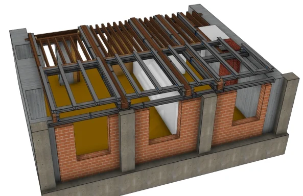 Perspective d'un plancher repris à la fois à l'intérieur et à l'extérieur.